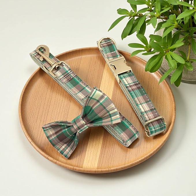 PETDURO Personalized Dog Collar Brown Green Plaid for Large Medium Dogs | Engraved Name and Phone Number on Gold Metal Buckle for Boys & Girls | Add Leash & Bow Tie via Customize Now