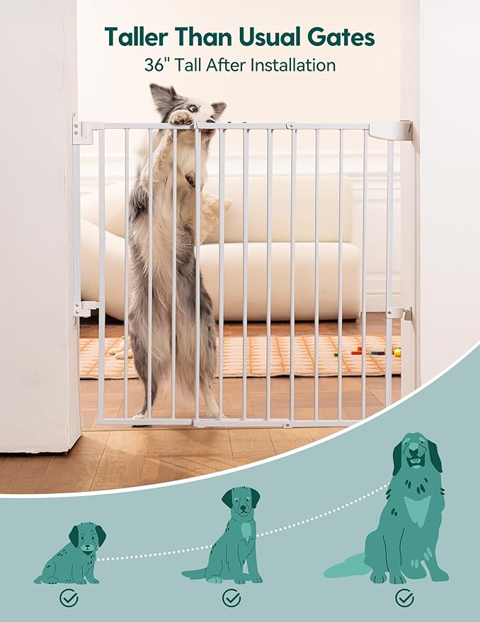 Babelio 34" Tall No Bottom Bar Baby/Dog Gate for Stairs, House and Doorways, 29.7-46.5" Auto Close Safety Pet Gates with Large Walk Thru Door, Hardware Mount, White