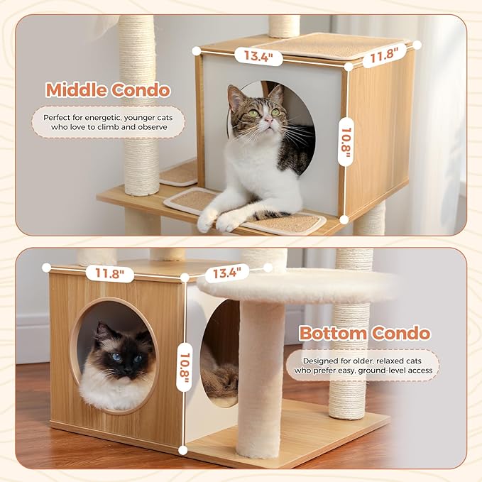 Modern Cat Tree for Indoor Cats Large Adult, 51 Inches Wood Cat Tower with Cozy Condos, Fully Sisal-Wrapped Scratching Posts, Top Perch and Soft Hammock, Kitten Play House, Beige