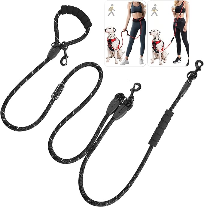 Cymiler Hands Free Dog Leash, 8 Ft Reflective Cross-Body Pet Rope Leashes with Sponge Handle, Heavy Duty Nylon, for Running, Hiking, Training, Waist Leash for Small Medium Large Dogs (Black)