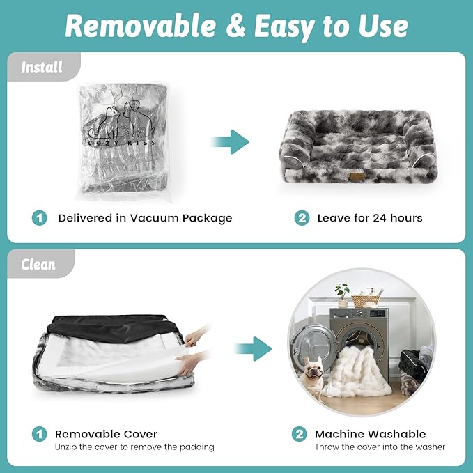 Faux Fur Orthopedic Dog Bed, Dog Bed for Large Size, Supportive Foam Pet Sofa with Waterproof Lining Cover, Washable U-Shaped Pet Couch with Anti-Slip Bottom, Tie-dye Grey L 36x27x6.5 inch