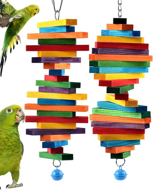 Bissap 2 PCS Bird Chew Toys, Multicolored Bagel Cascade Bird Parrot Chewing Sticks Biting Wooden Blocks Toy for Small Medium Conure Parakeet Cockatiels Lovebird Similar Sized Pet Birds