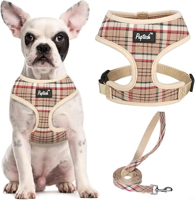 PUPTECK Soft Mesh Dog Harness and Leash Set Pet Puppy Cat Comfort Padded Vest No Pull Harnesses, Khaki, L