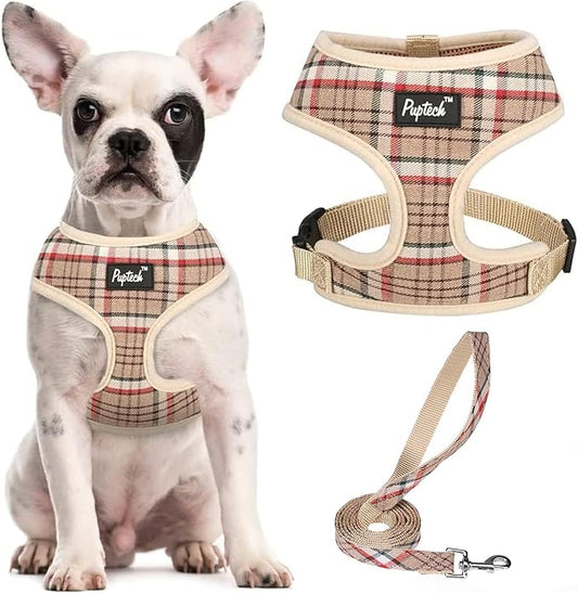 PUPTECK Soft Mesh Dog Harness and Leash Set Pet Puppy Cat Comfort Padded Vest No Pull Harnesses, Khaki, M
