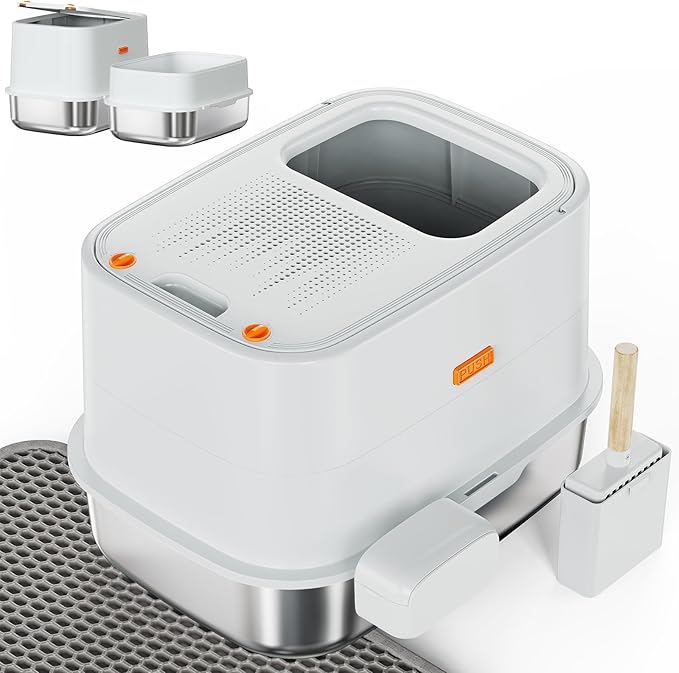 XL Stainless Steel Cat Litter Box Top Entry Extra Large Metal Litter Box with High Side for Big Cats, Multiple Cats, No Odor, Easy to Clean, Anti-Urine Leakage, Dog-Proof, Non-Sticky（Grey）