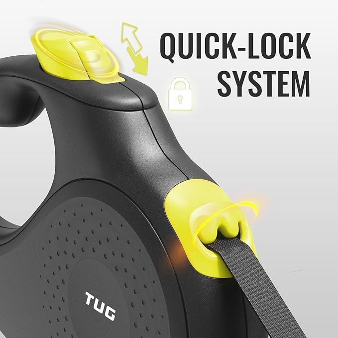 TUG 360° Tangle-Free Retractable Dog Leash | 16 ft Strong Nylon Tape (Medium, Black/Yellow)