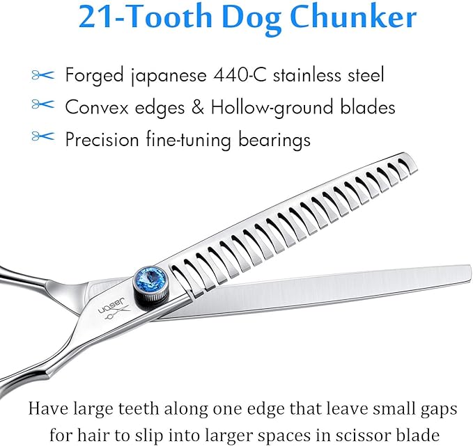 JASON 7 Inch 21-Teeth Chunkers Shears for Dogs, Ergonomic Cats Grooming Texturizing Blending Thinning Shears Pets Trimming Kit with Offset Handle, Sharp, Comfortable Shear Christmas Gift