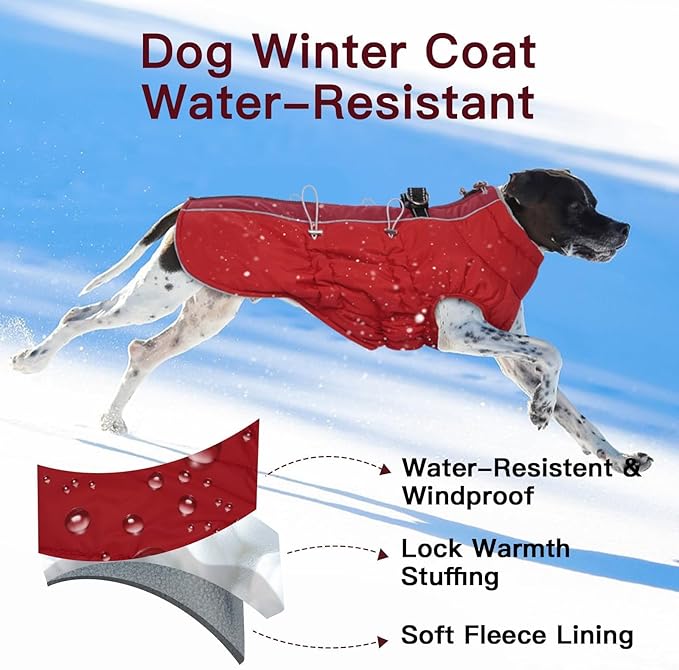 Dog Coat - XS, Warm Zip Up Snowsuit Dog Harness Vest, Reflective Water-Resistant, Red