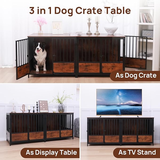 75" Wooden Dog Crate Furniture – Chew-Resistant Kennel for Medium/Large Breeds,3-Door Indoor Kennel with 3.1" Raised Feet, Multi-Functional TV Stand & End Table (Brown, 75 * 26.3 * 32.1 inch)