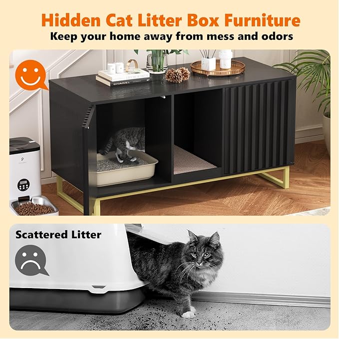Double Litter Box Enclosure,Modern Cat Litter Box Enclosure for 2 Cats, Hidden Litter Box with Cat Scratch Pad, Cat Washroom Cat House End Table, Entryway Bench for Livingroom (Black)