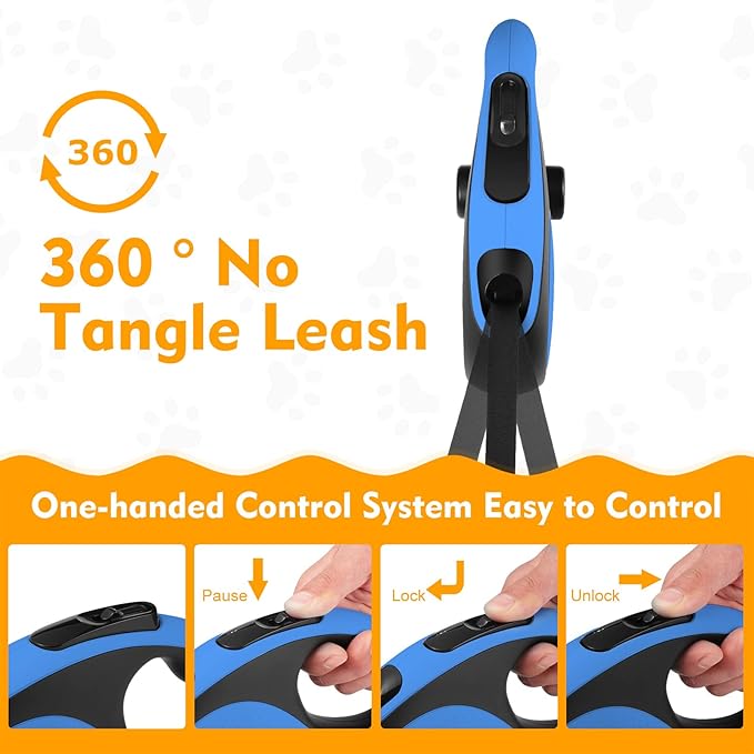 Retractable Dog Leash with Chew Proof Cable, 26Ft Heavy Duty Dog Leash for Medium Large Dogs up to 110lbs, 360° No Tangle, One-Handed Brake (Blue)