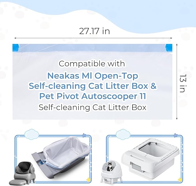 60 Pack Cat Litter Bags Liners for Neakas M1 and Pet Pivot Autoscooper 11 Open-Top Self-Cleaning Cat Litter Box, Heavy Duty 3 Mil Thickness Drawstring Leak-Proof Replaced Waste Bags, 27.17" x 13"
