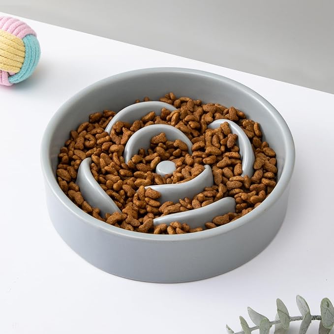 6'' Ceramic Slow Feeder Dog Bowls - Petal Shape Modern Dog Food Dish for Cats and Small Breed Dogs, Puzzle Maze Bowl to Slow Down Eating, Anti-Gulping, Dishwasher & Microwave Safe, Grey