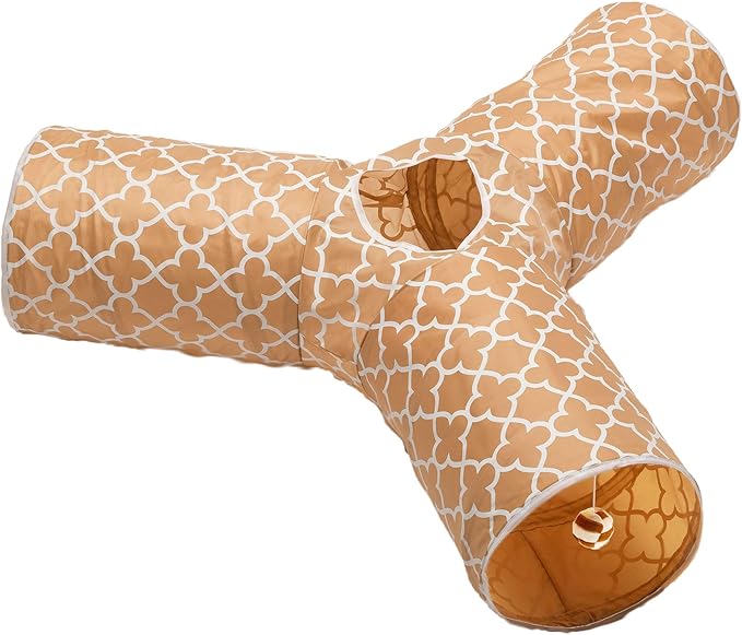 Cat Tunnel - Collapsible 3 Way Quatrefoil Play Toy - Tube Fun for Rabbits, Kittens, and Dogs - Quatrefoil Brown/White