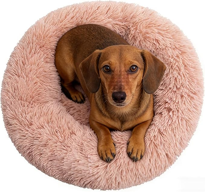 Calming Donut Dog Beds for Small Dogs Cats - Washable Removable Cover Non-Slip Bottom, Round Pet Bed Puppy Bed Warming Fluffy Faux Fur Anti-Anxiety, Fits up to 25 lbs (Blush, 23")