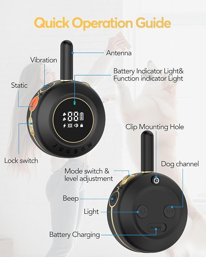 Jugbow Dog Shock Collar - 3/4 Mile Dog Training Collar with Remote for Large Medium Small Dogs, Rechargeable IPX8 Waterproof E-Collar with 3 Training Modes, LED Light & Security Lock (Black)