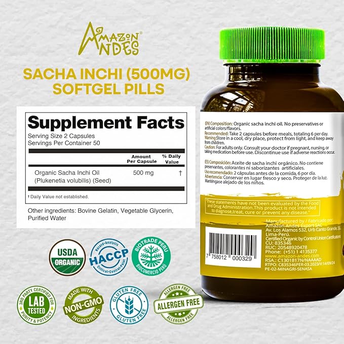 Amazon Andes Sacha Inchi Oil Capsules - Source of omegas 3, 6 and 9 - Healthier Source of Essential Fatty Acids - Vegan, Non-GMO, Allergen-free & Gluten Free - 100 Softgel Pills (500mg) - Made in Peru