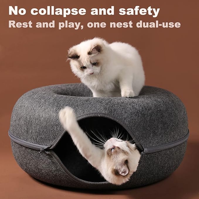 Cat Tunnel Bed for Indoor Cats with 3 Toys, Scratch Resistant Donut Cat Bed, Up to 9 Lbs (M 20x20x9, Light Grey)