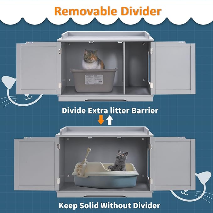 MCombo Cat Litter Box Furniture Hidden, Pet Enclosed Litter Bench, Wood Hideaway Extra Cat House, Kitten Washroom Bench with Removable Divider for Indoor Animal 0657