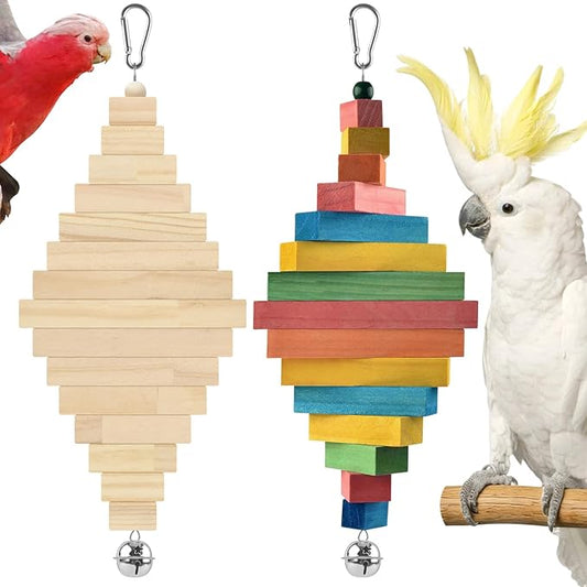 2 Pcs Large Bird Toys, Colorful Natural Wood Block Parrot Chew Sticks Toy with Bell for Amazon, African Greys, Eclectus Parrots, Macaws Chewing Tearing