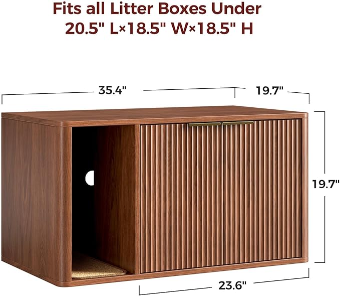 Evermagin 35.4" Walnut Cat Litter Box Enclosure Furniture with Cat Scratch Pad, Large Hidden Litter Box Cabinet, Front Entry Can Install Left/Right, Mid Century Modern Kitty End Table, Kitty Bench