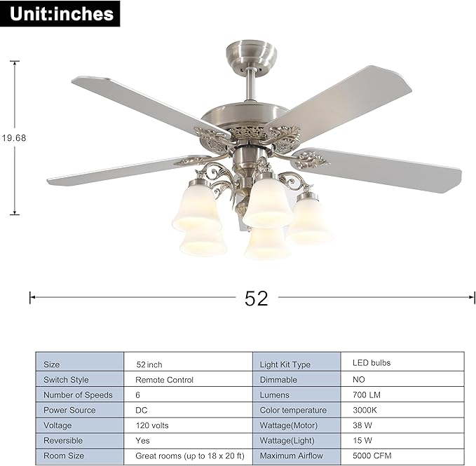 FINXIN Indoor Ceiling Fan Light Fixtures LED 52 Ceiling Fans for Bedroom,Living Room,Dining Room Including Motor,Light,3/5-Blades,Remote Switch (Brushed Nickel)