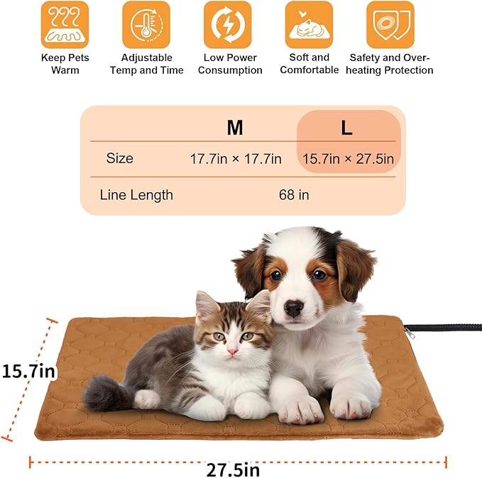 Cat Heating Pad, 6 Adjustable Temperature & 5 Timer Options, 15.7'' x 27.5'' Pet Heating Pad for Cats Dogs, Waterproof Indoor Outdoor Electric Heated Cat Bed Dog Mat with Chew-Resistant Cord (Brown)