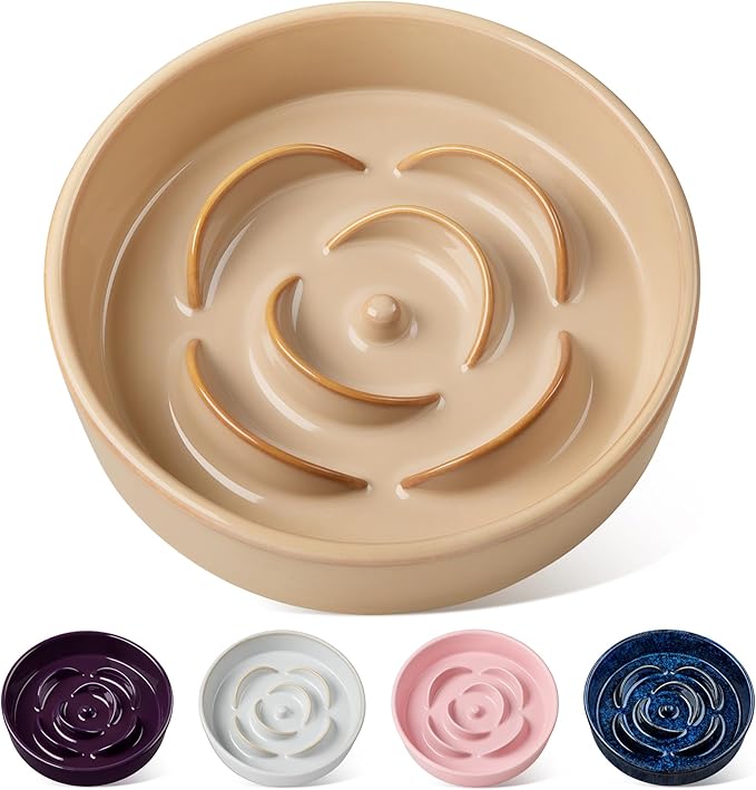 vancasso Slow Feeder Dog Bowl, 1.5 Cups Ceramic Slow Feeder for Medium Breed, Puzzle Maze Dog Food Bowl for Fast Eater, Khaki