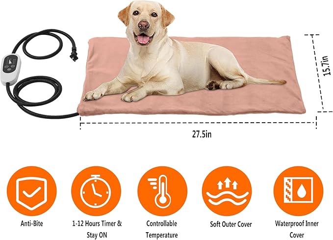 Annchwool Pet Heating Pad for Puppy Cat Dog-6 Adjustable Temperature & 5 Timer-27.5x15.7in Waterproof Cat Dog Heating Pad with Chew-Resistant Cord-Heated Pad for Indoor Pets,Older,Pain Relief(Brown)