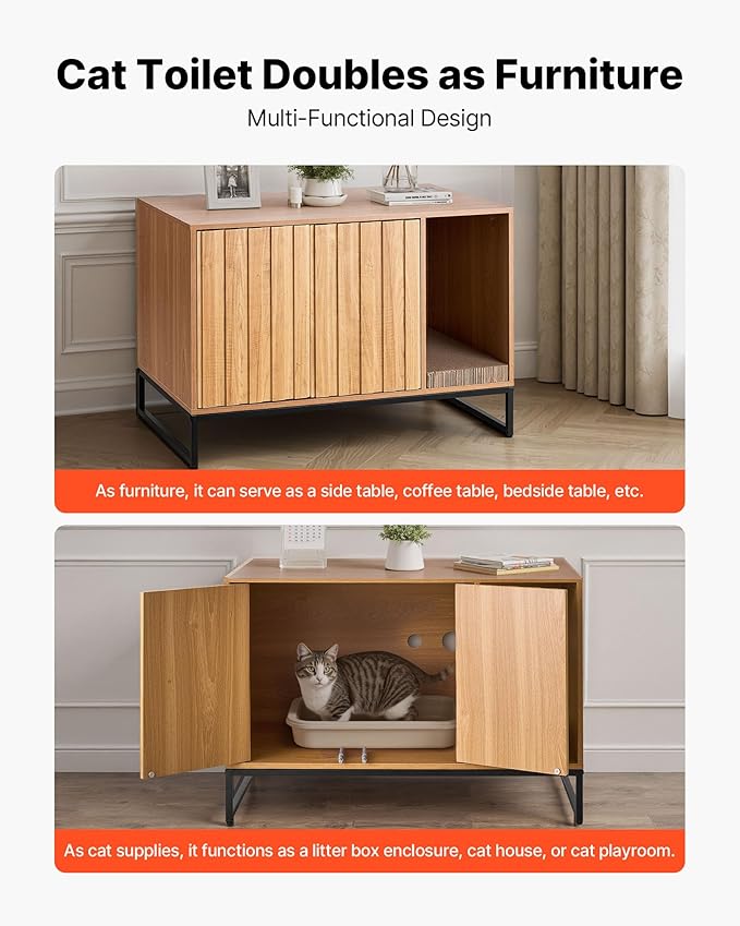 VEVOR Cat Litter Box Enclosure Furniture, 31.5 in Hidden Litter Box Cabinet with Scratch Pad & Storage, Waterproof Cat Washroom End Table Cat House, Fit Most of Litterbox, for Bedroom Living Room