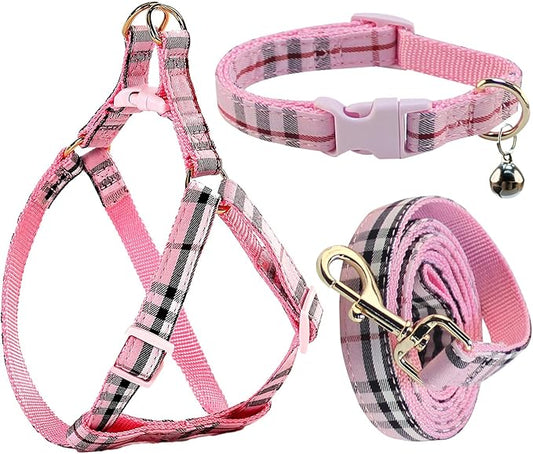 Cute Plaid Dog Collar Harness and Leash with Safety Buckle - Adjustable and No Pull Comfortable Dog Collars for Small Puppy, Stylish Durable Gift for Boy Girl Pets