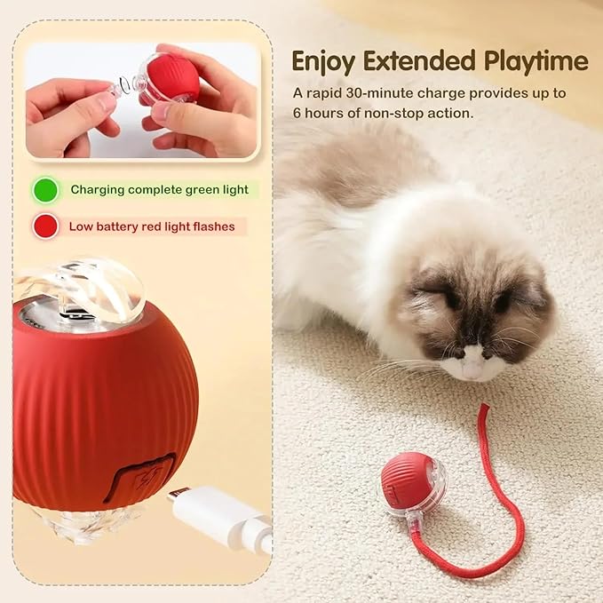 Cat Smart Rolling Ball [RED], LED Lights, Indoors for Active Cats - Rechargeable, Automatic, Speedy Tail/Rope