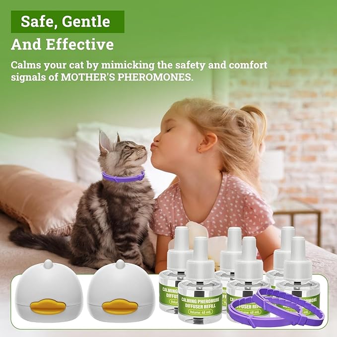 10 Pack (2 Diffusers& 6 Refills +2pcs Calming Collar) Cat Calming Diffuser, Plug in Diffuser Cat Pheromone Calming Diffuser Starter Kit Helps Ruduce Anxious, Anti-Stress & Comforts Cats