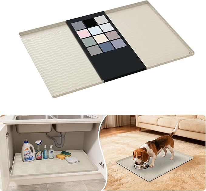 URMONA Waterproof Silicone Under Sink Mat 28'' x 22'' Shelf Liner for Kitchen and Bathroom, Cabinet and Counter Protector, Storage and Organizers, Litter Mat, Pet Cat Puppy Essentials(Cream)