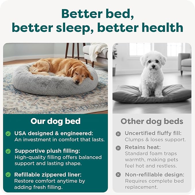 FurHaven 45" Calming Donut Dog Bed for Large Dogs, Round Plush Donut Design with Soft Filling for Snuggling Comfort, Removable Washable Cover, Jumbo XL, Shaggy Faux Fur, Gray