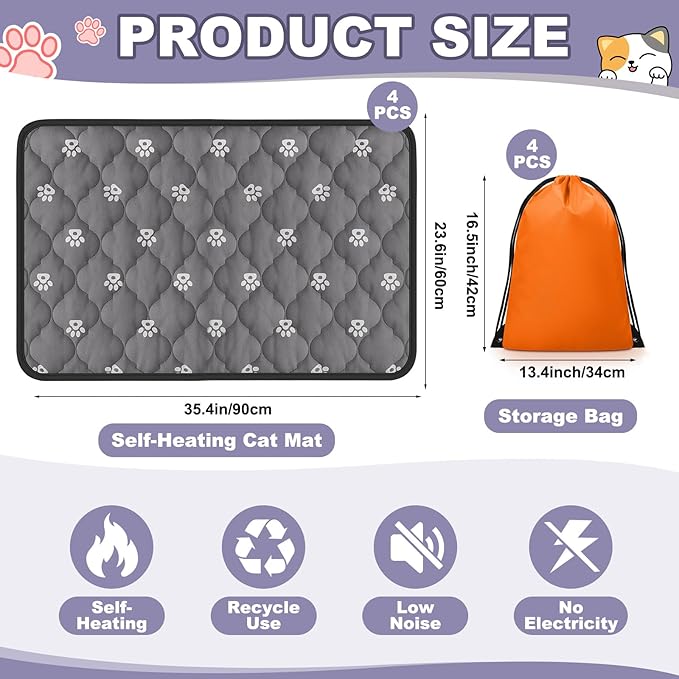 Riakrum 4 Pack Self Heating Cat Bed Pad Self Warming Pet Dog Mat Non Slip Washable Cat Kennel Crate Pad with Storage Bag for Indoor Outdoor Small Medium Dog Kitten(L, 23 x 35 Inches)