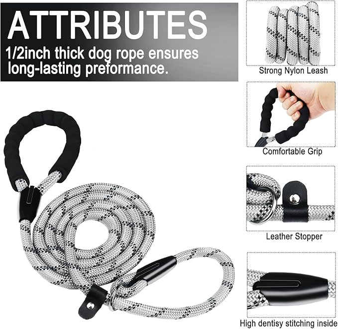 Dog Leash 6 FT, Durable Premium Quality Strong Training Rope Slip Leash with Comfortable Padded Handle and Highly Reflective Threads for Small Medium and Large Dogs, (Light Gray)