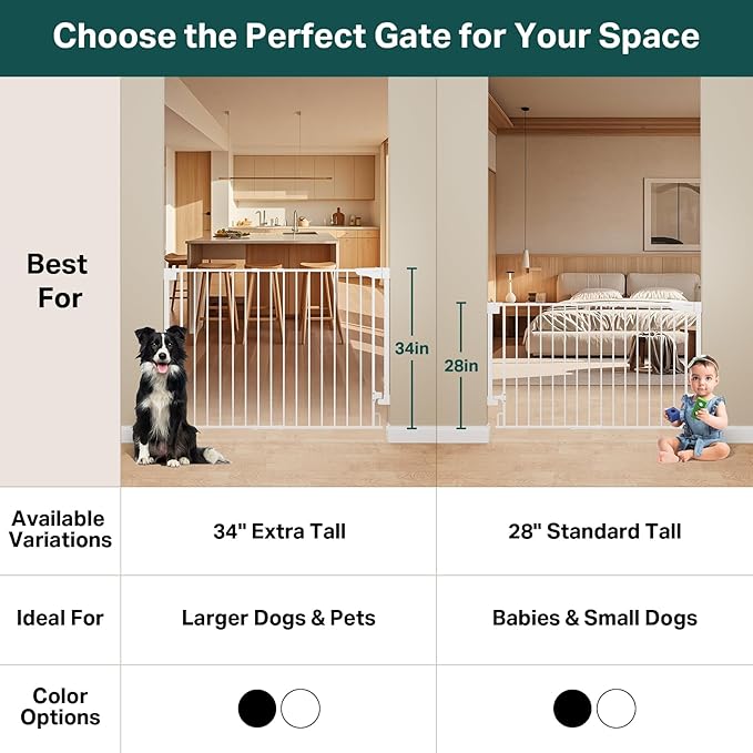 Cumbor 34" Extra Tall Baby Gate for Stairs, Wall-Mounted (Drill Required), Expandable 31.6-48" No Bottom Bar Dog Gate Indoor for Larger Pets, Large Walk Thru Door for Easy Access (White)
