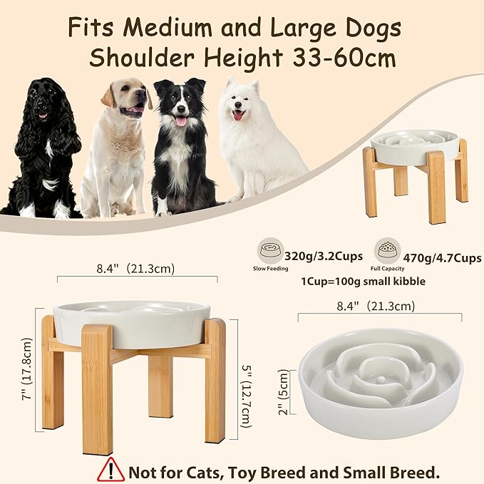 Elevated Slow Feeder Dog Bowl - Ceramic Food Dish with Bamboo Stand - Raised Maze Design - Ideal for Medium to Large Dogs - Milky White - 8.4 inch