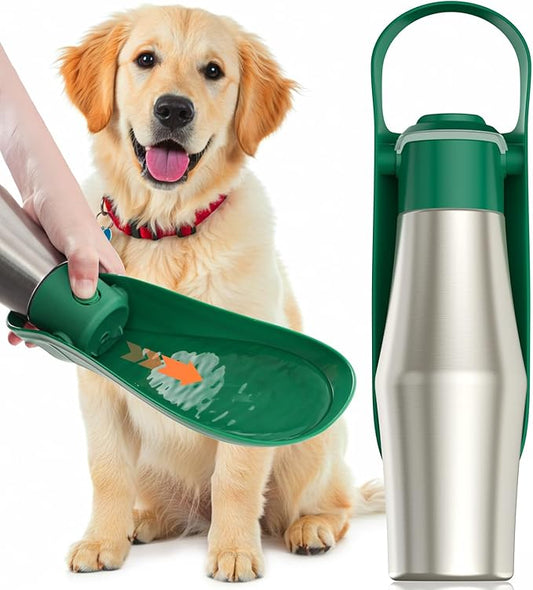 Portable Dog Water Bottle Bowl - 27 oz Travel Water Bowl Dispenser for Dogs, Stainless Steel Leak-Proof, A Must-Have for Outdoor, Camping, Walking, Beach, Hunting and Other Scenes （Green）