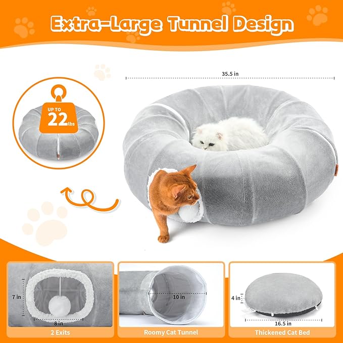 Cat Tunnel Bed for Indoor Cats 35.5 Inch XL Cat Donut Tunnels Cute Tubes Round Pet Play Tunnel Toy for Kitten Puppy Rabbit with Washable Circle Cushion Grey