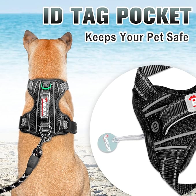 BARKBAY No Pull Dog Harness Large Reflective Dog Harness with Front Clip and Easy Control Handle for Walking Training Running with ID tag Pocket(Black,L)