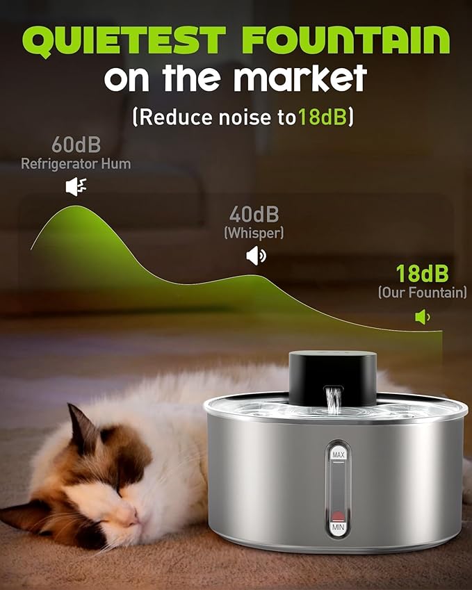 No Pump Cat Water Fountain, 3.2L/108oz Wireless Stainless Steel Pet Water Fountain, Cordless Automatic Dispenser, Battery Operated Cat Fountain with Motion Sensor, Dual Mode