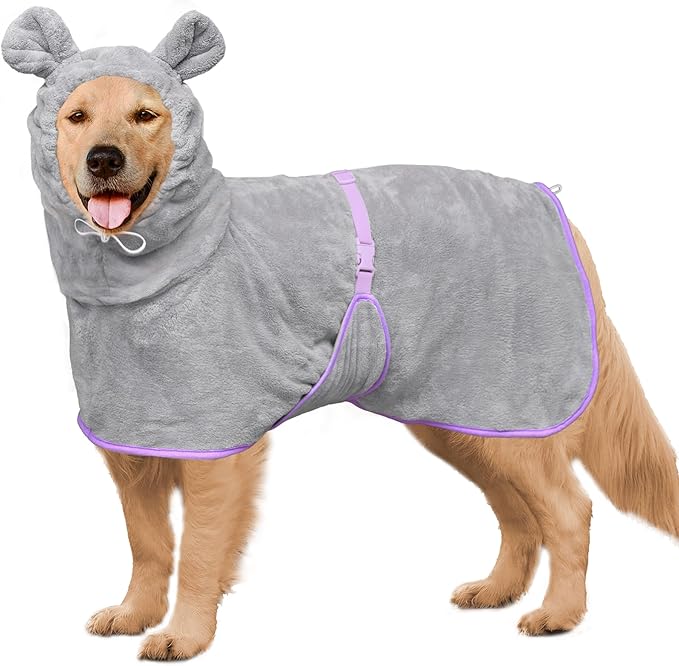 Dog Bathrobe Super Absorbent Towel Robe - Microfiber Bath Towels Fast Drying Coat for Dogs, Cute Dogs Clothes Adjustable Collar & Belly Strap Warm Keeping Hooded Dog Towel (Grey, XX-Large)