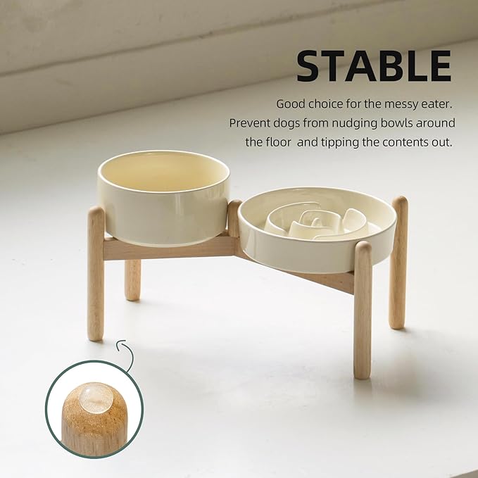Ceramic 1.2 Cup Raised Slow Feeder Dog Bowl Set, Elevated 6.1inch Bowl and 7.3inch Puzzle Slow Food Dish with Wooden Stand for Medium and Small Dog, Anti-Gulping (2 x Beige+ Stand)