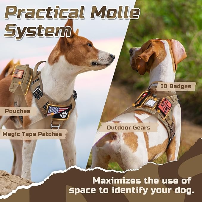 rabbitgoo Tactical Dog Harness for Small Dogs, No Pull Military Service Vest with Handle & Molle, Easy Control for Training Walking, Adjustable Reflective Straps, Brown, S