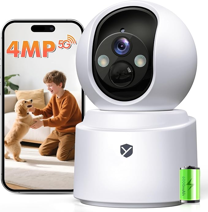 2.5K 4MP Pan/Tilt Security Camera Indoor with 6000mAh Battery, 5G&2.4G WiFi Camera for Home Security/Baby Monitor/Pet Wireless Surveillance Cam, Color Night Vision, AI Motion Detection, 2-Way Audio