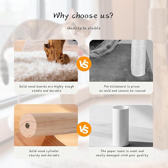 Modern Cat Tree Tower for Indoor Cats, Natural Solid Wooden Branch with Sisal Scratching Post, Log Style Cat Furniture with Perches Platform & Toy Ball