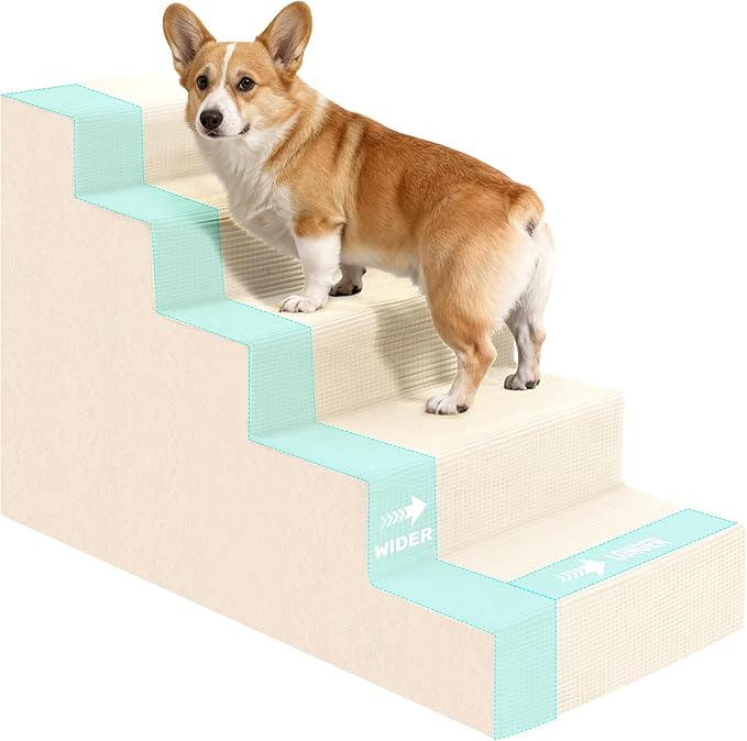 Dog Stairs for Bed, Extra Wide 5-Step Dog Steps for High Bed, High-Density Foam Pet Stairs with Non-Slip Removable Washable Cover for Small Pets, 23" H, Beige