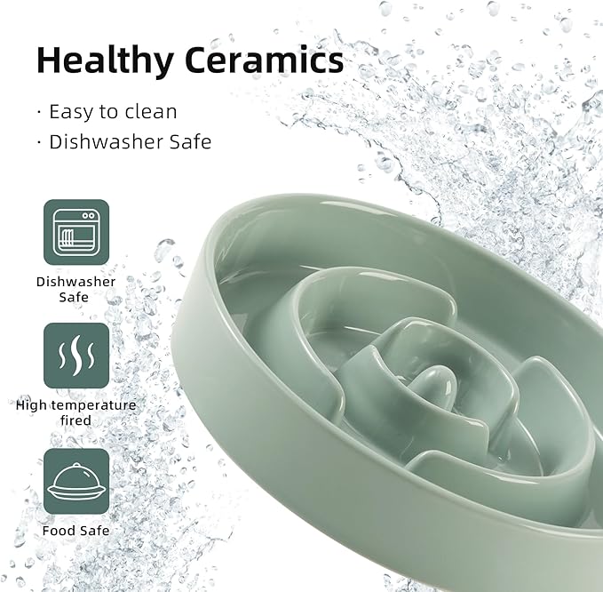 3.2 Cup Ceramic Raised Slow Feeder Dog Bowl Set, Elevated 8.2inch Bowl and 9.5inch Puzzle Slow Food Dish with Wooden Stand for Large Dog, Anti-Gulping (2 x Light Green+ Stand)